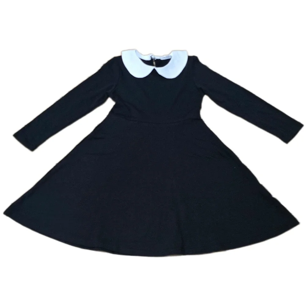 Arshiner Girls Black Peter Pan Collar Dress Long Sleeve Skater School Size 5-6